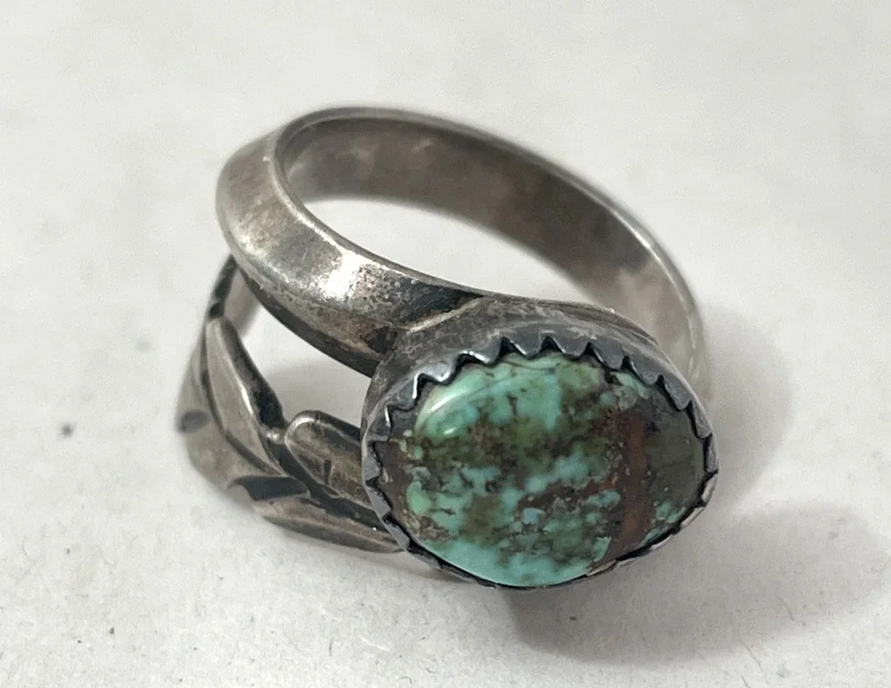 Vintage Sterling Silver Turquoise Ring Leaf Design Rustic Size 6